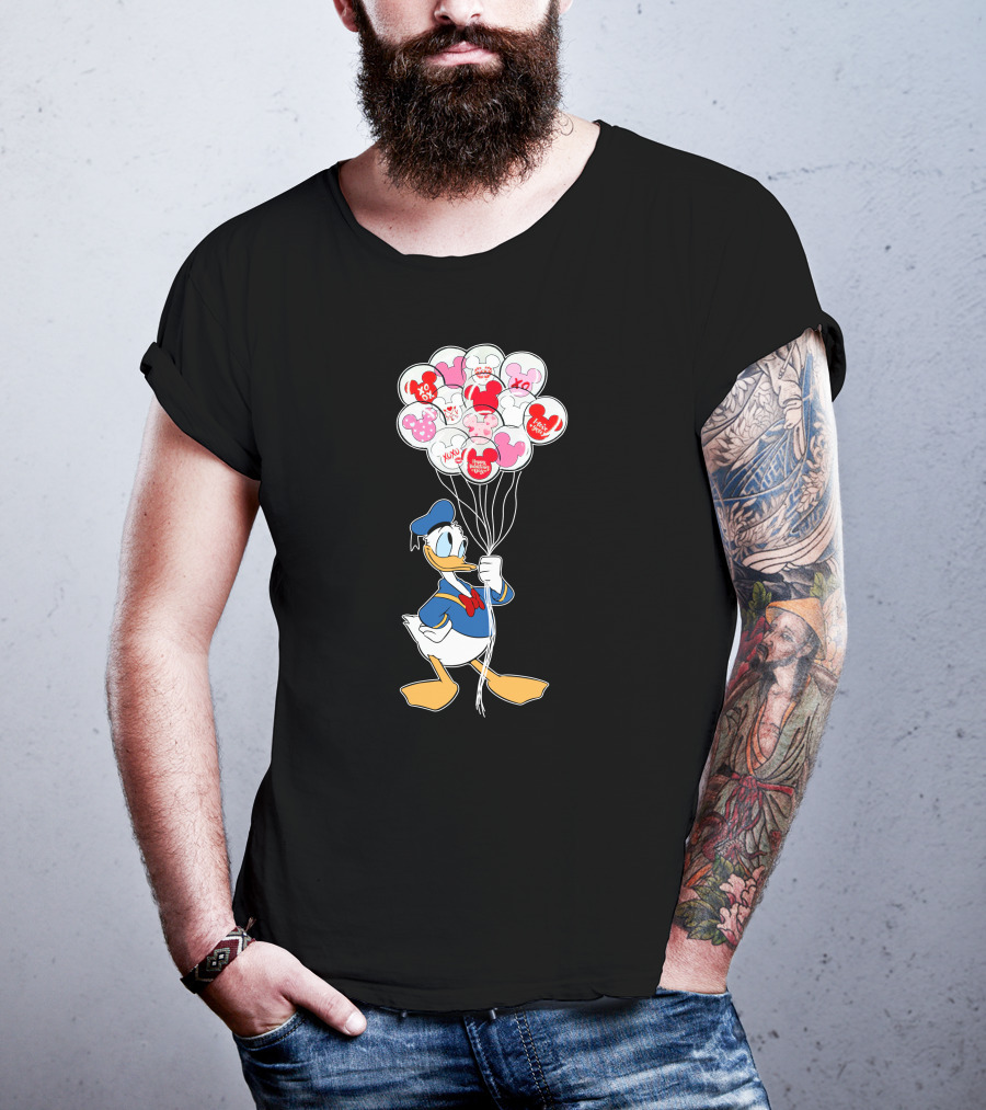 Donald Duck Holding Heart Balloons With Mickey Mouse And Minnie Icons T-Shirt