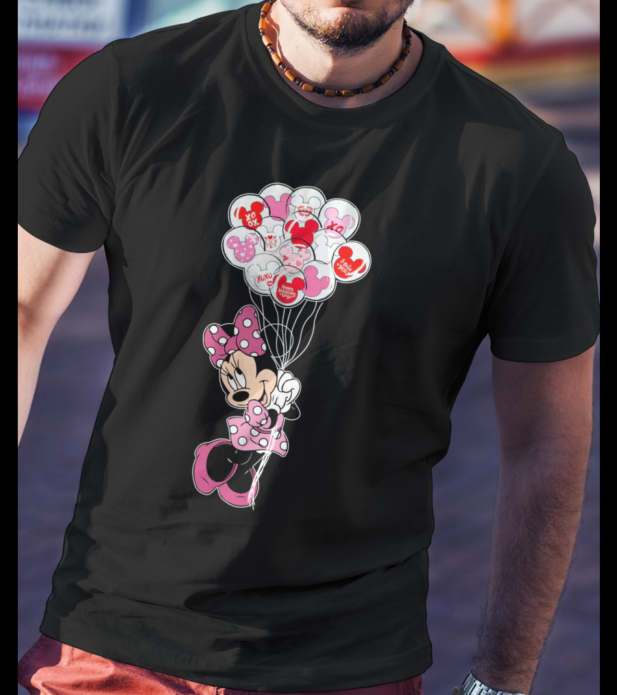 Minnie Mouse Holding Heart Balloons With Xoxo And Hugs Kisses Patterns T-Shirt