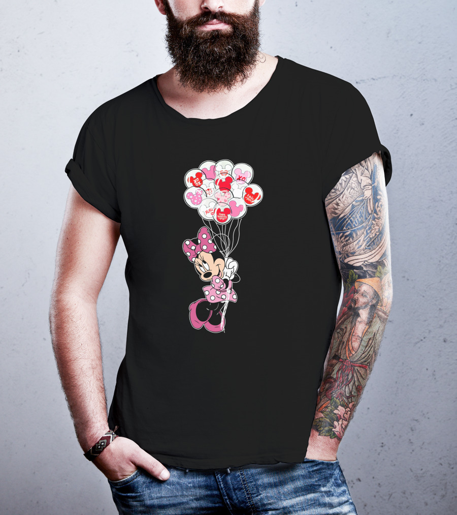 Minnie Mouse Holding Heart Balloons With Xoxo And Hugs Kisses Patterns T-Shirt
