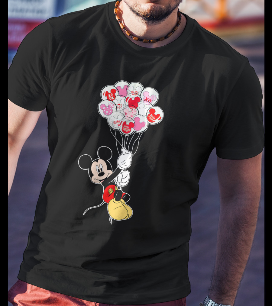 Mickey Mouse Holding Heart Balloons With Xo Love Messages T-Shirt