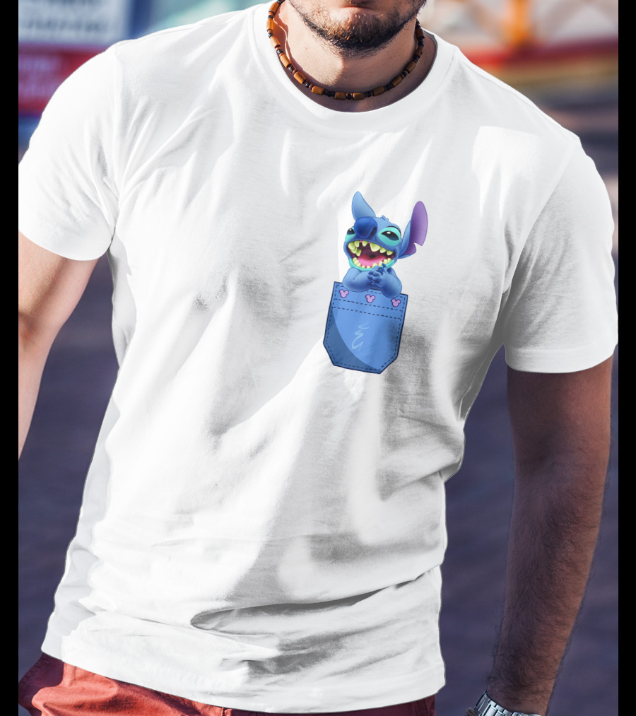 Stitch Pocket Smiling Face With Purple Ears T-Shirt