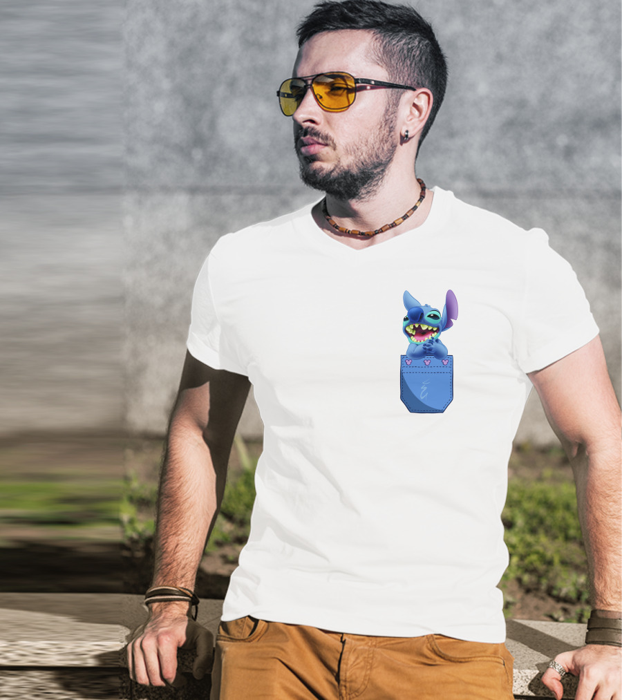 Stitch Pocket Smiling Face With Purple Ears T-Shirt