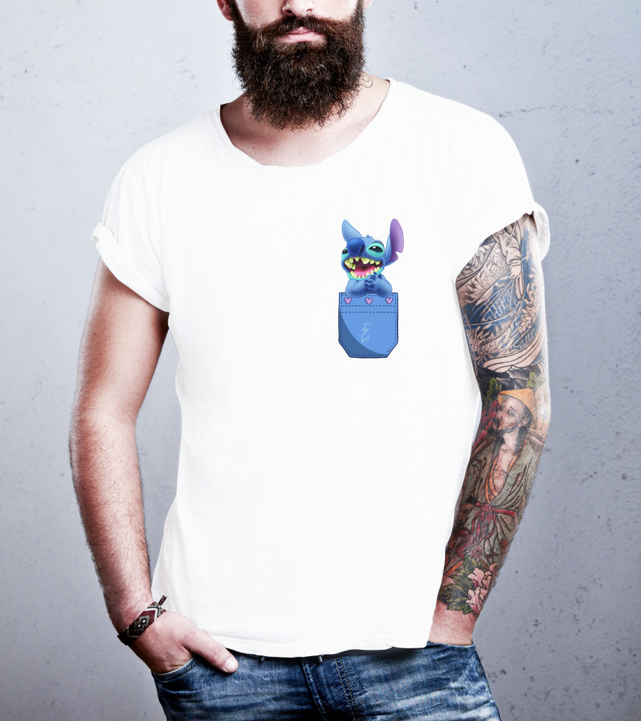 Stitch Pocket Smiling Face With Purple Ears T-Shirt