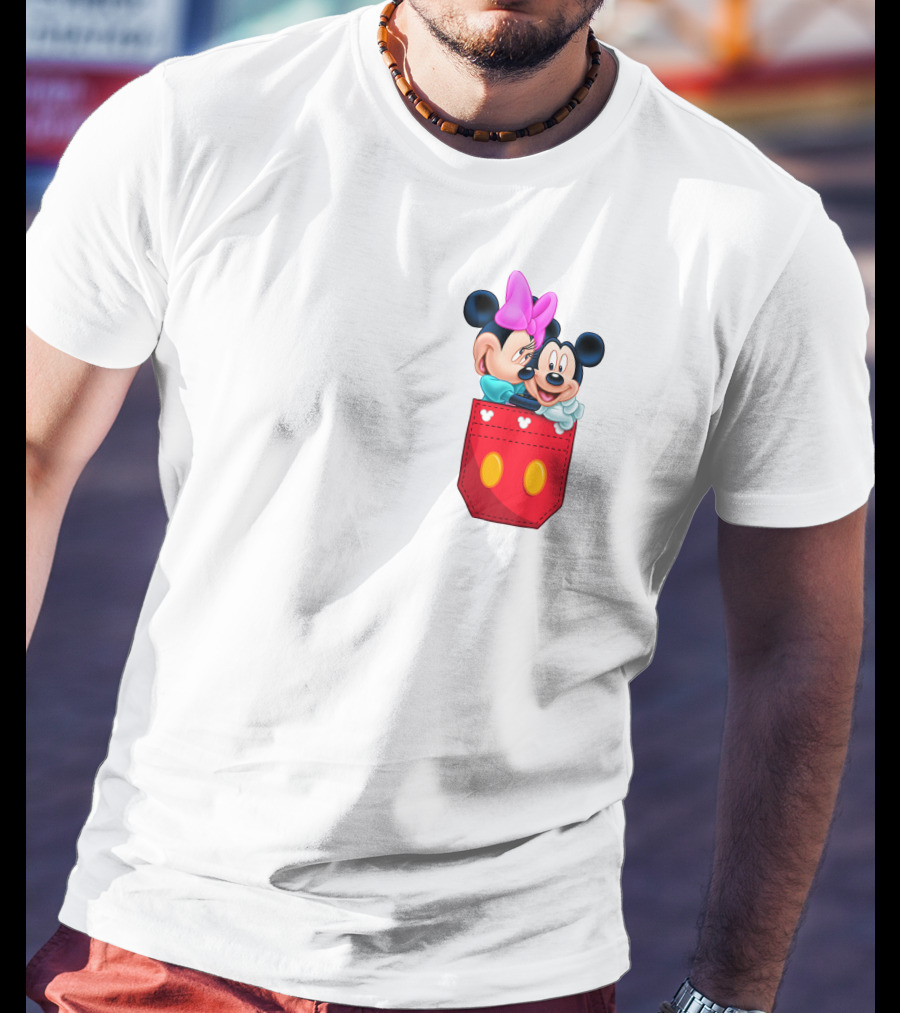 Mickey Mouse And Minnie Mouse In Red Pocket With Hearts And Bow T-Shirt