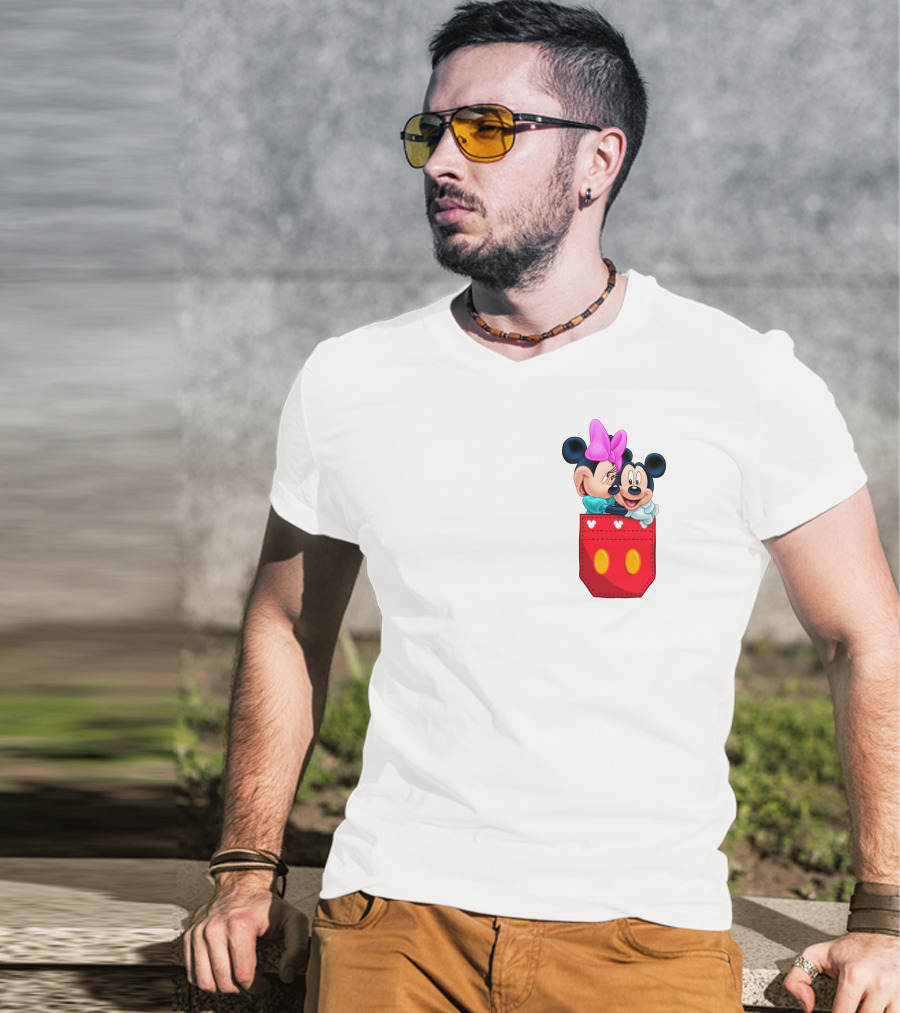 Mickey Mouse And Minnie Mouse In Red Pocket With Hearts And Bow T-Shirt