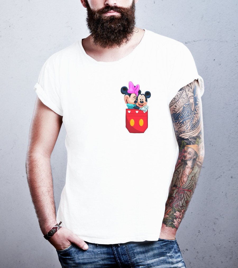 Mickey Mouse And Minnie Mouse In Red Pocket With Hearts And Bow T-Shirt