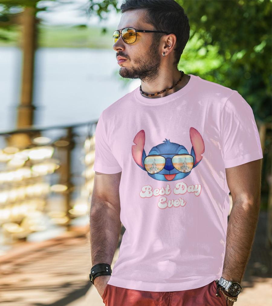 Best Day Ever Stitch Wearing Sunglasses With Castle Reflection T-Shirt