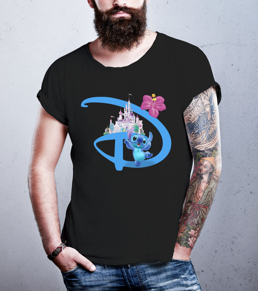 Stitch Disney Castle Hibiscus Flower T-Shirt