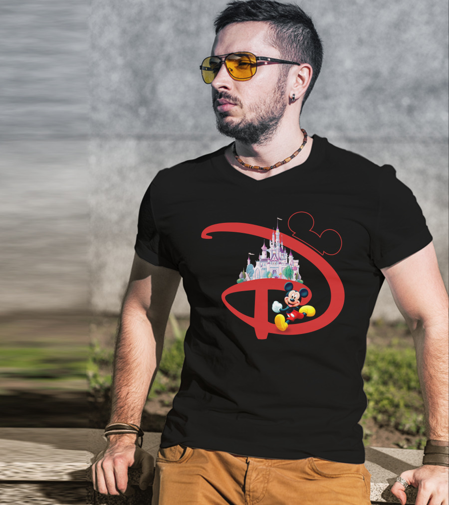 Mickey Mouse Disney Castle Icon With Red Disney Initials T-Shirt