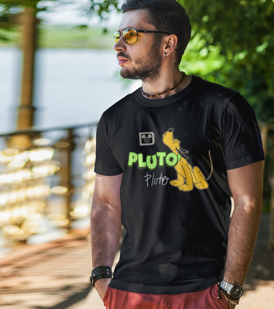 Disney Pluto Green Text Iconic Cartoon Dog T-Shirt
