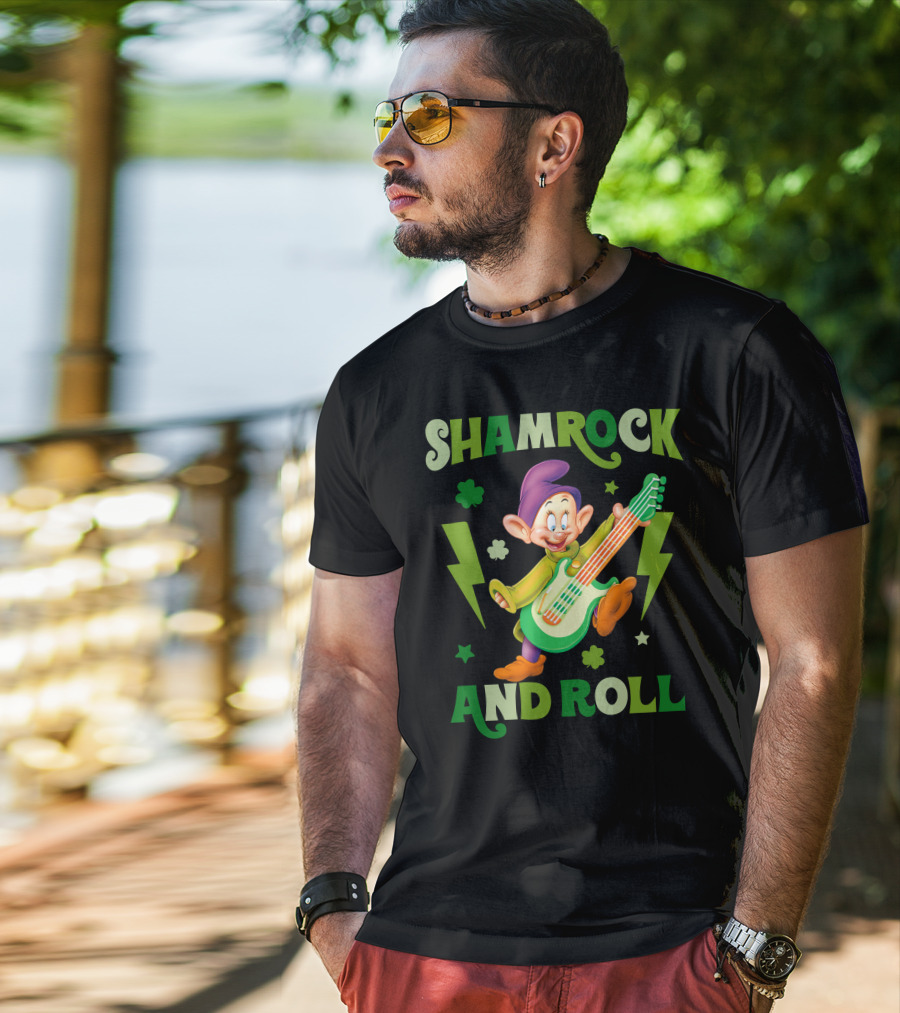 Shamrock And Roll Dopey Guitar Stars Clovers Lightning T-Shirt