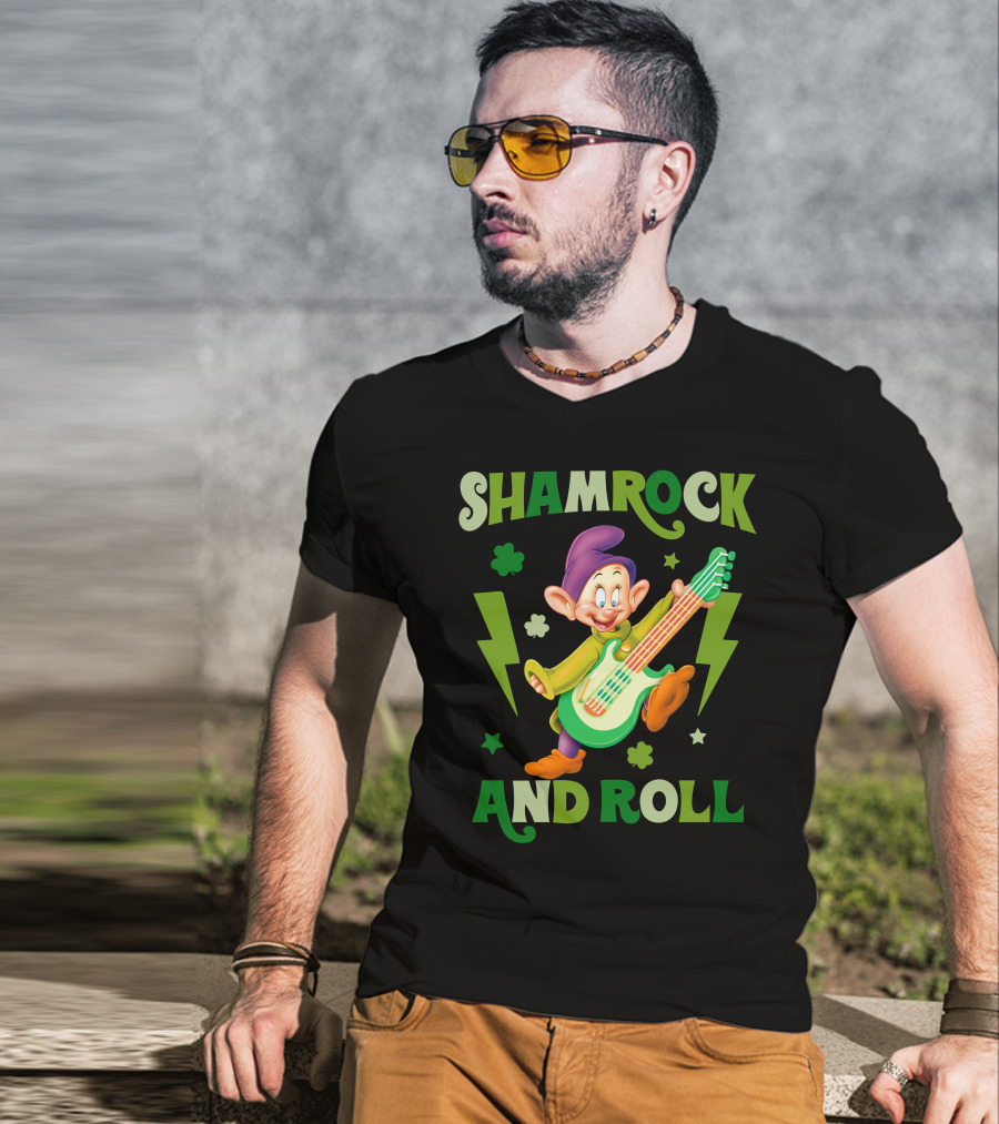 Shamrock And Roll Dopey Guitar Stars Clovers Lightning T-Shirt