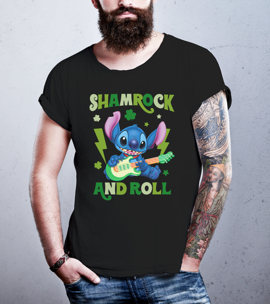 Shamrock And Roll Stitch Playing Guitar T-Shirt