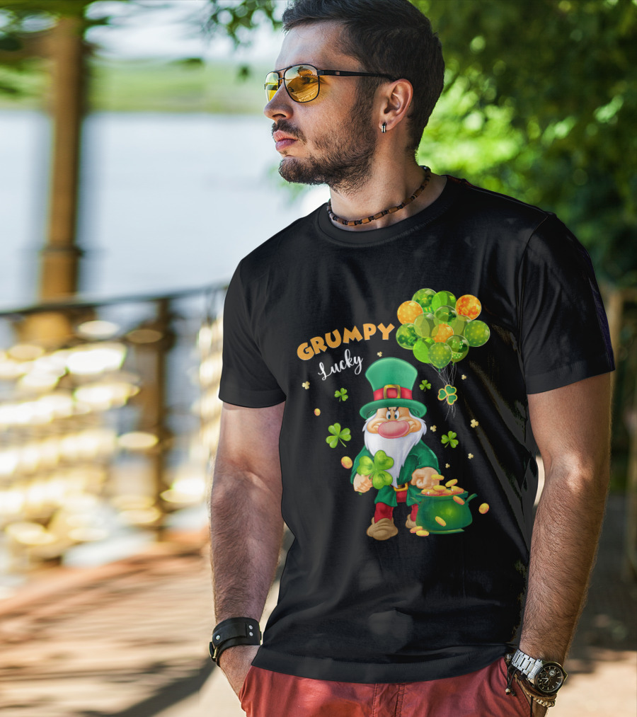 Grumpy Lucky Leprechaun With Shamrocks And Gold Coins T-Shirt