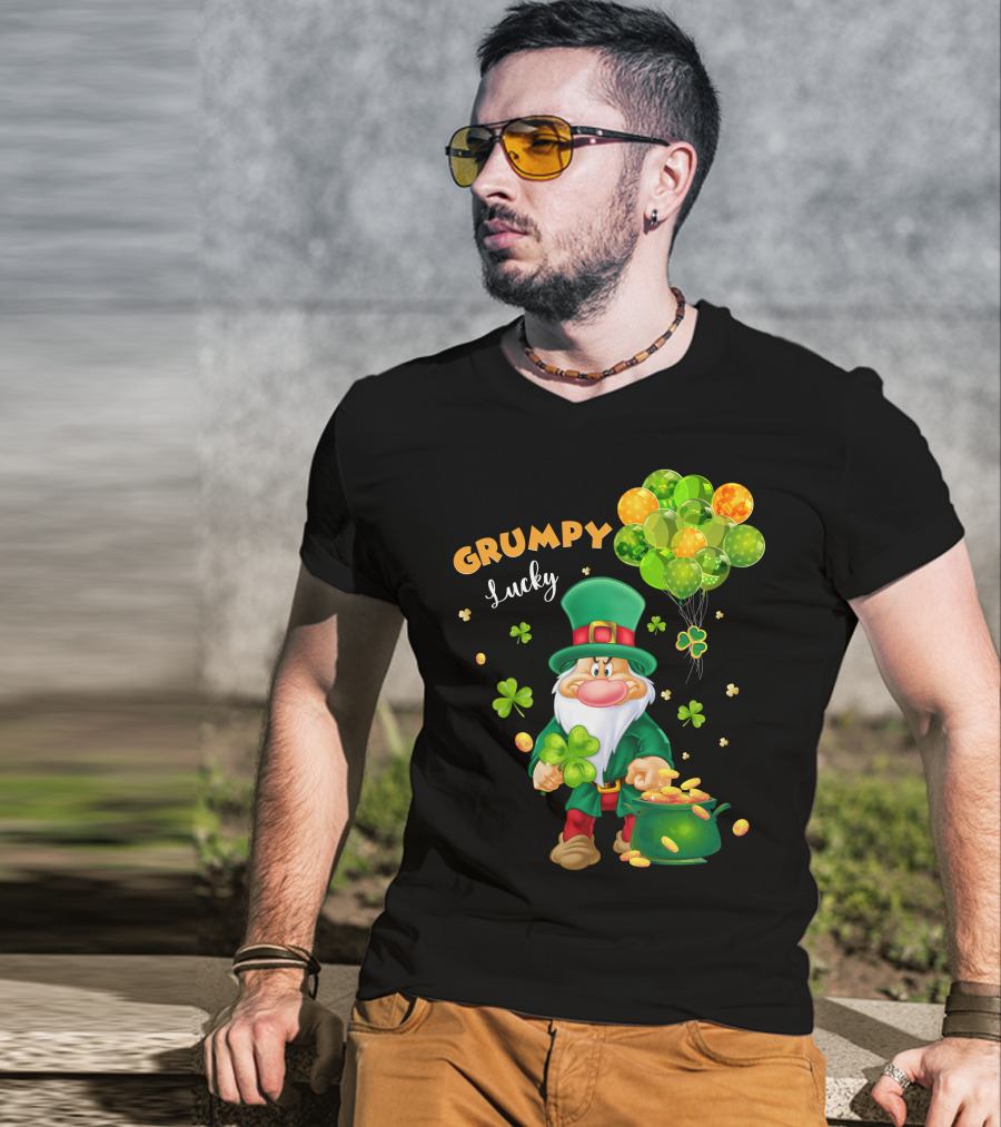 Grumpy Lucky Leprechaun With Shamrocks And Gold Coins T-Shirt