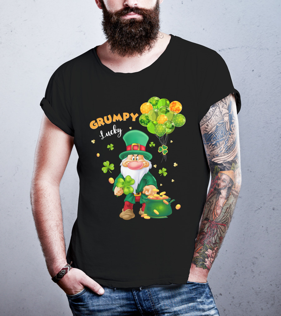 Grumpy Lucky Leprechaun With Shamrocks And Gold Coins T-Shirt