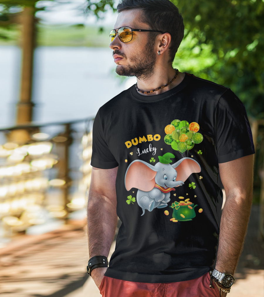 Dumbo Lucky Elephant With Green Hat And Balloons With Pot Of Gold T-Shirt