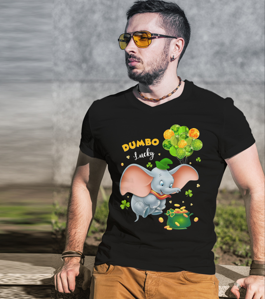 Dumbo Lucky Elephant With Green Hat And Balloons With Pot Of Gold T-Shirt
