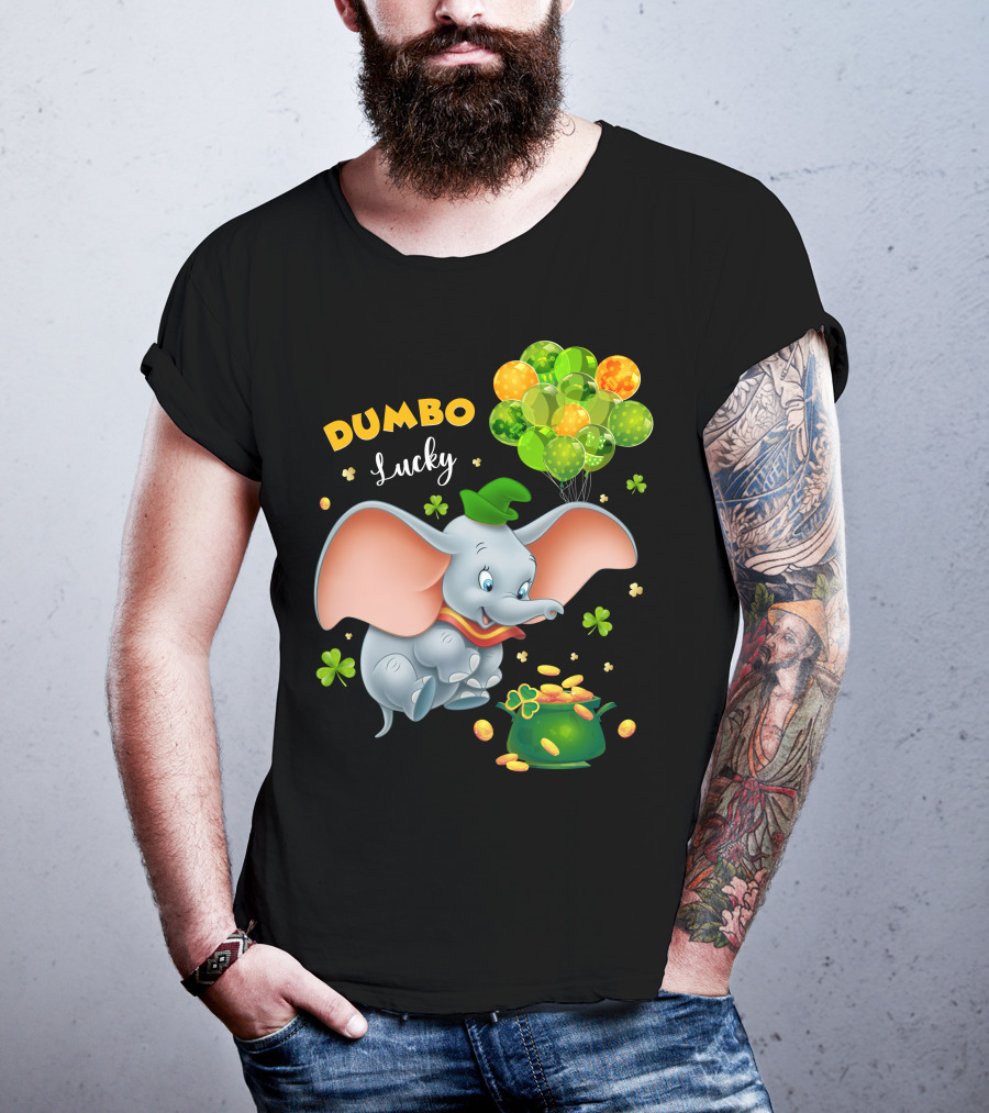 Dumbo Lucky Elephant With Green Hat And Balloons With Pot Of Gold T-Shirt
