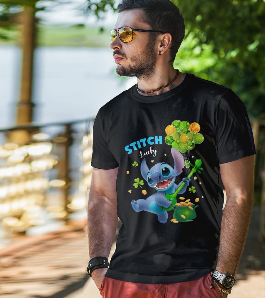 Stitch Lucky Balloons And Shamrock Celebration T-Shirt
