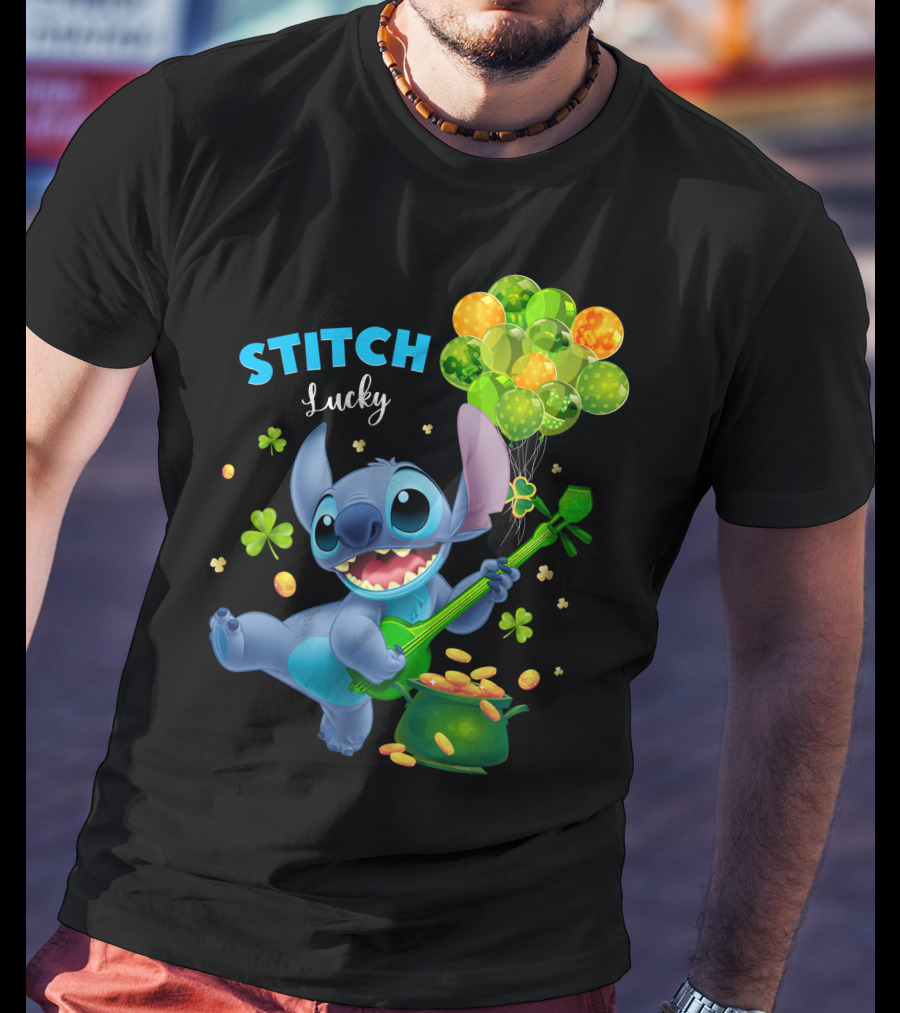 Stitch Lucky Balloons And Shamrock Celebration T-Shirt