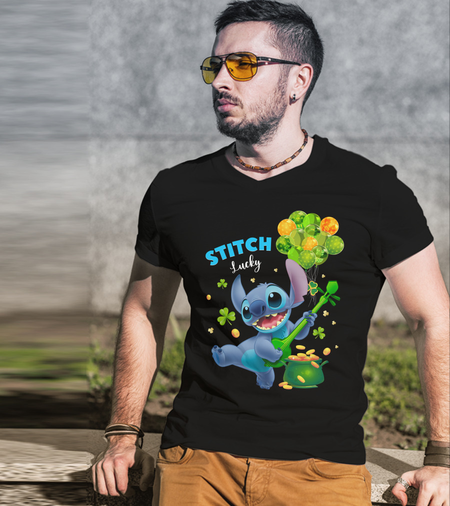 Stitch Lucky Balloons And Shamrock Celebration T-Shirt