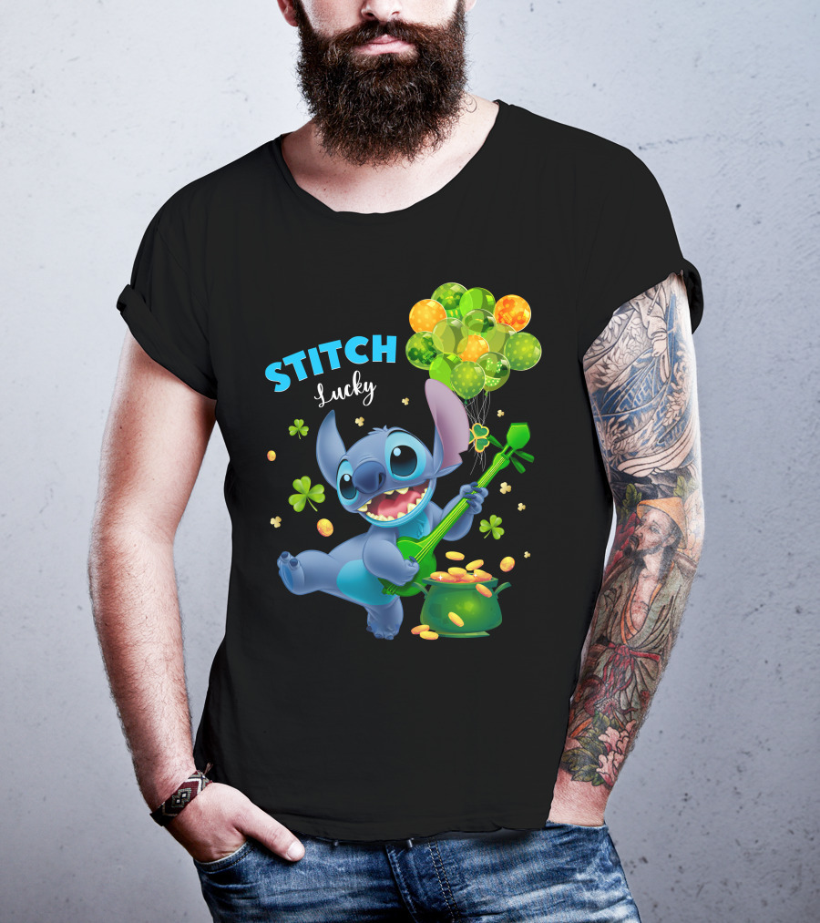 Stitch Lucky Balloons And Shamrock Celebration T-Shirt