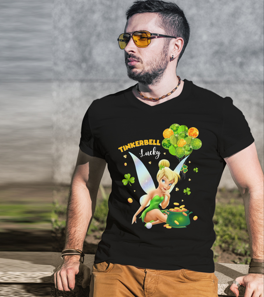 Tinkerbell Lucky Balloons And Clover With Pot Of Gold T-Shirt