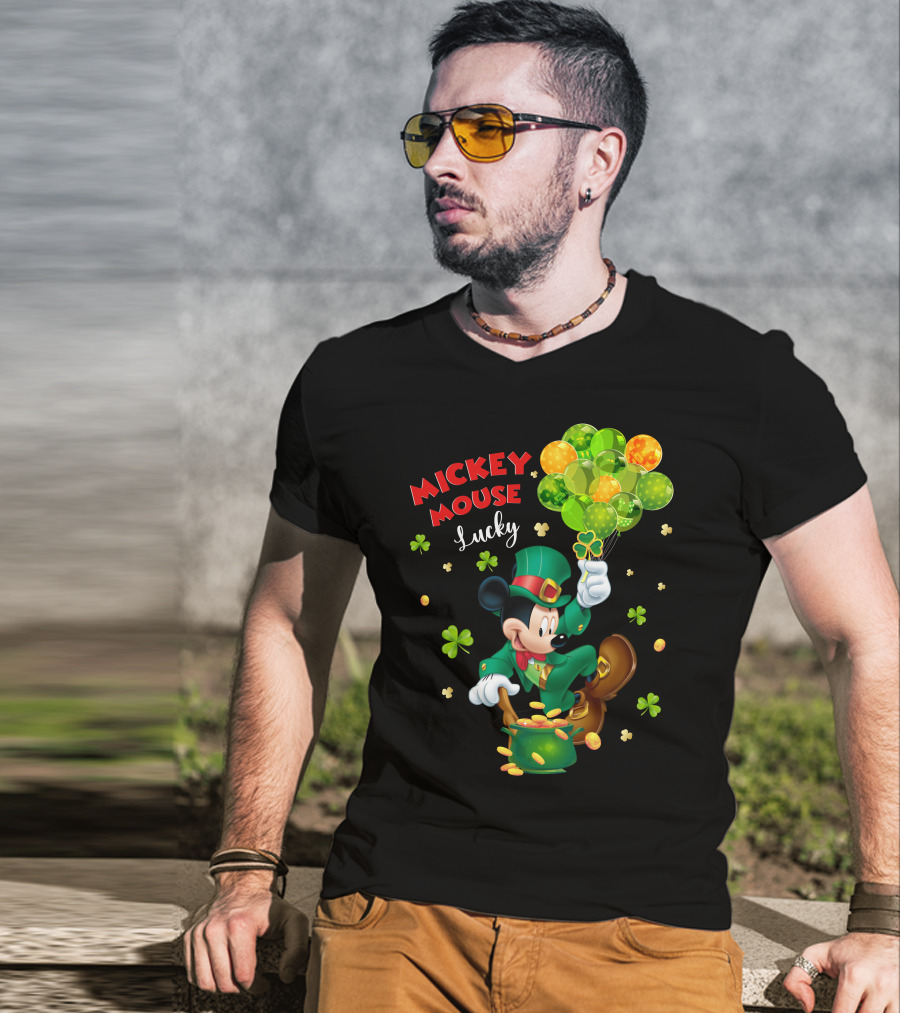 Mickey Mouse Lucky Shamrock Balloons Leprechaun Coins T-Shirt