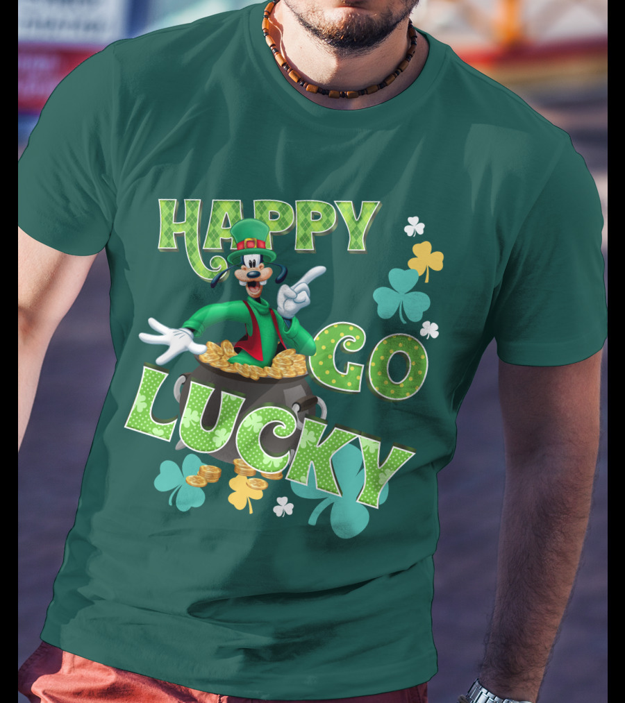 Happy Go Lucky Goofy Pot Of Gold Shamrocks T-Shirt