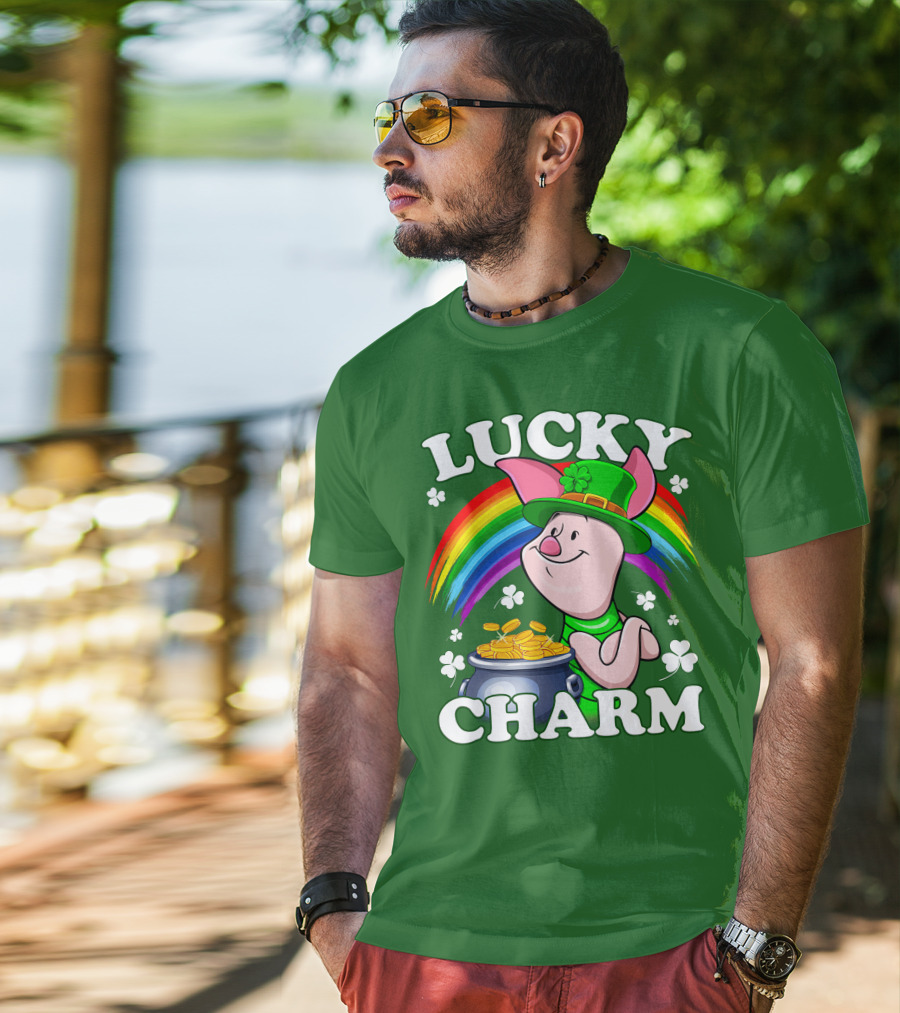 Lucky Charm With Piglet In Leprechaun Hat And Rainbow T-Shirt