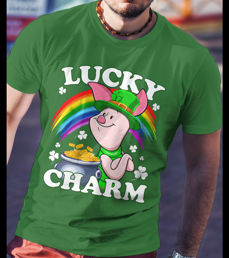 Lucky Charm With Piglet In Leprechaun Hat And Rainbow T-Shirt