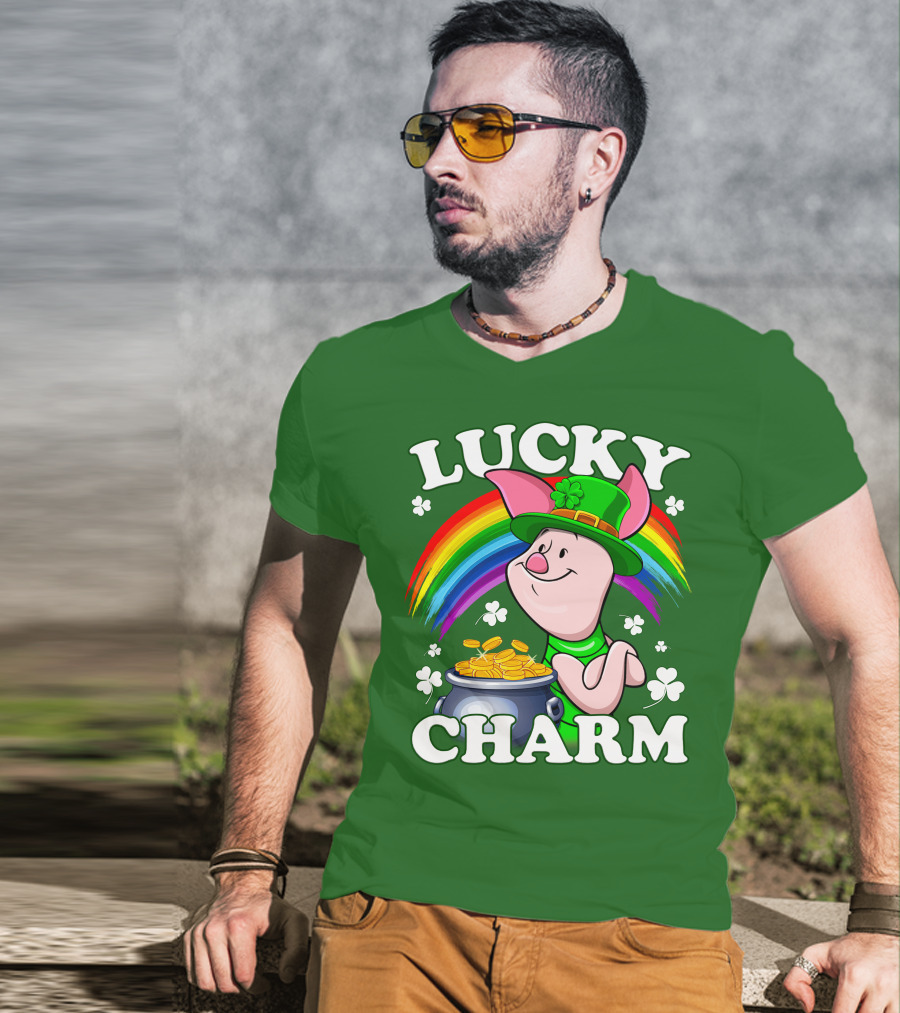 Lucky Charm With Piglet In Leprechaun Hat And Rainbow T-Shirt