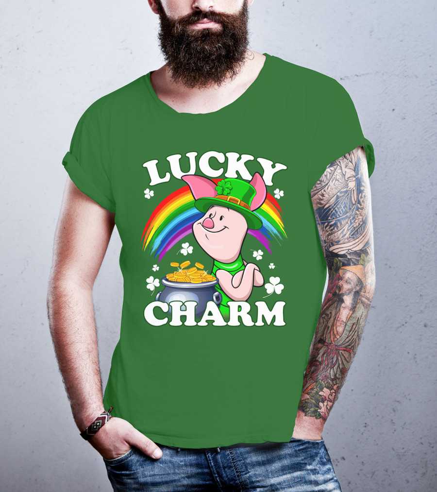Lucky Charm With Piglet In Leprechaun Hat And Rainbow T-Shirt