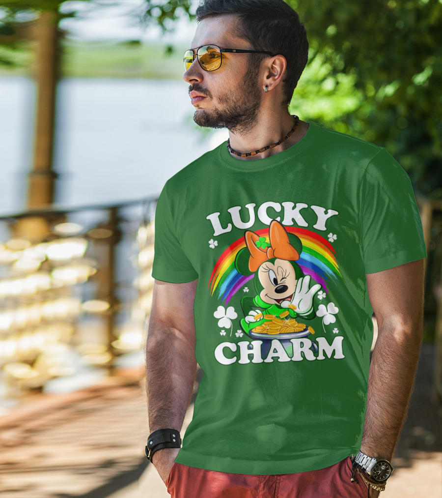 Lucky Charm Rainbow Minnie With Pot Of Gold And Shamrocks T-Shirt