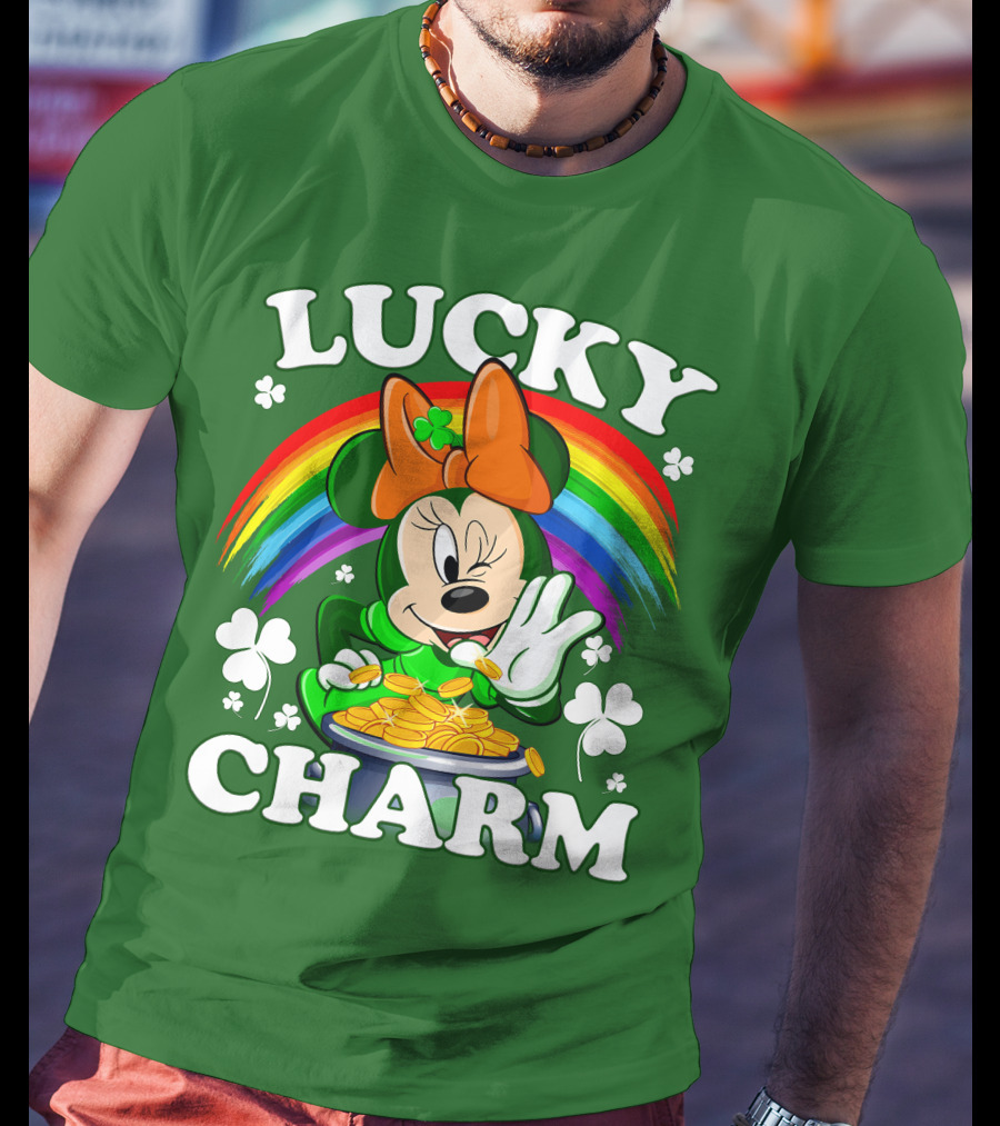 Lucky Charm Rainbow Minnie With Pot Of Gold And Shamrocks T-Shirt