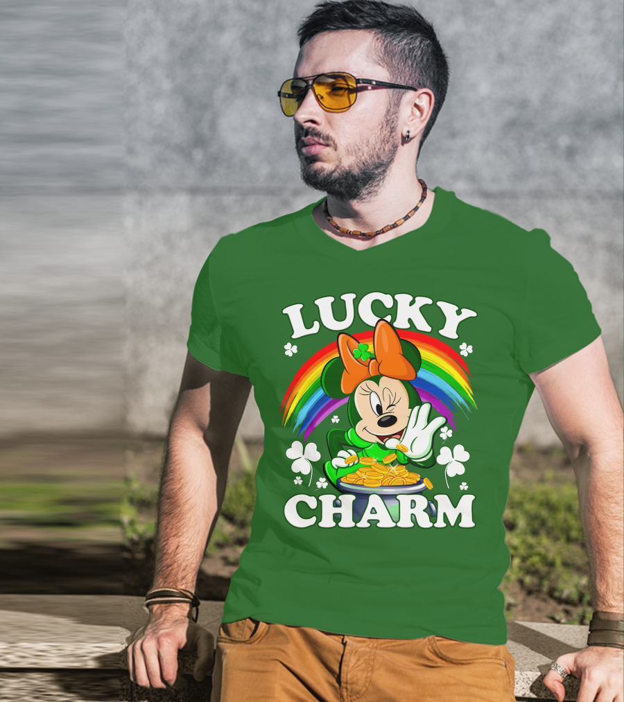 Lucky Charm Rainbow Minnie With Pot Of Gold And Shamrocks T-Shirt