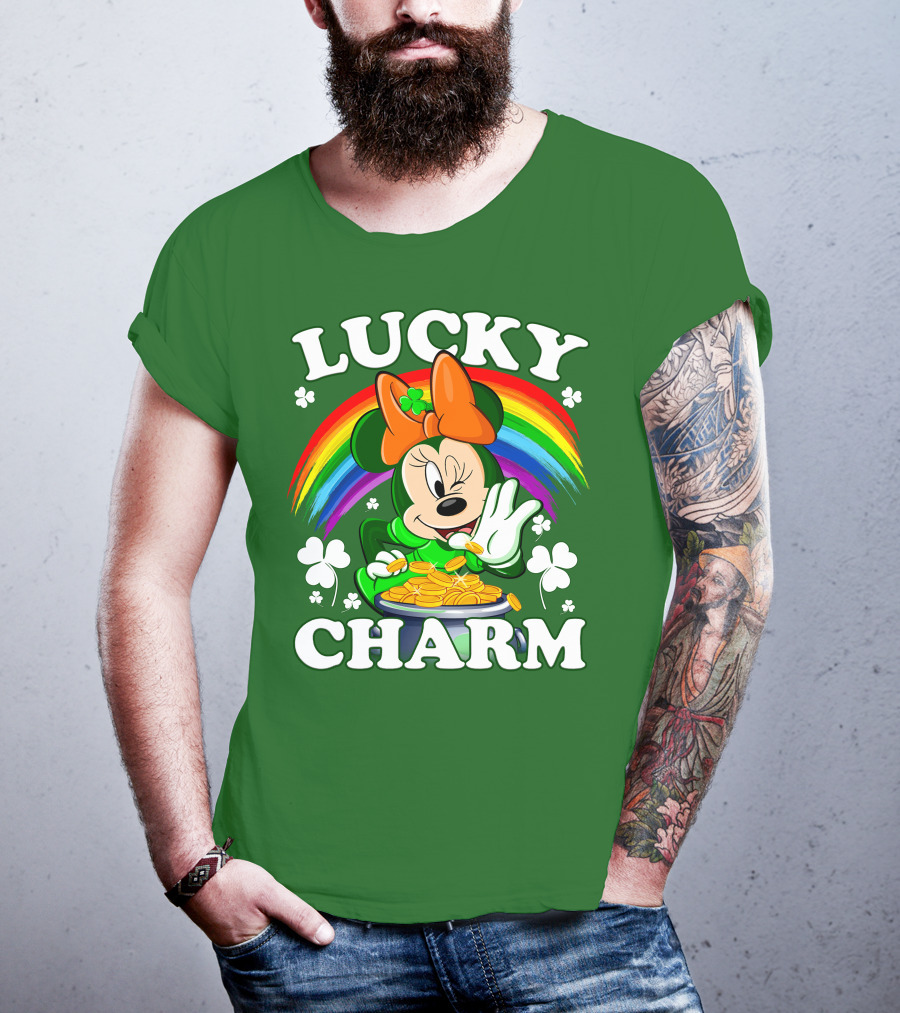 Lucky Charm Rainbow Minnie With Pot Of Gold And Shamrocks T-Shirt