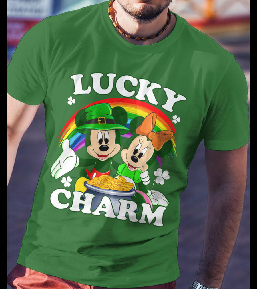Lucky Charm Mickey And Minnie Rainbow Shamrock Coins T-Shirt