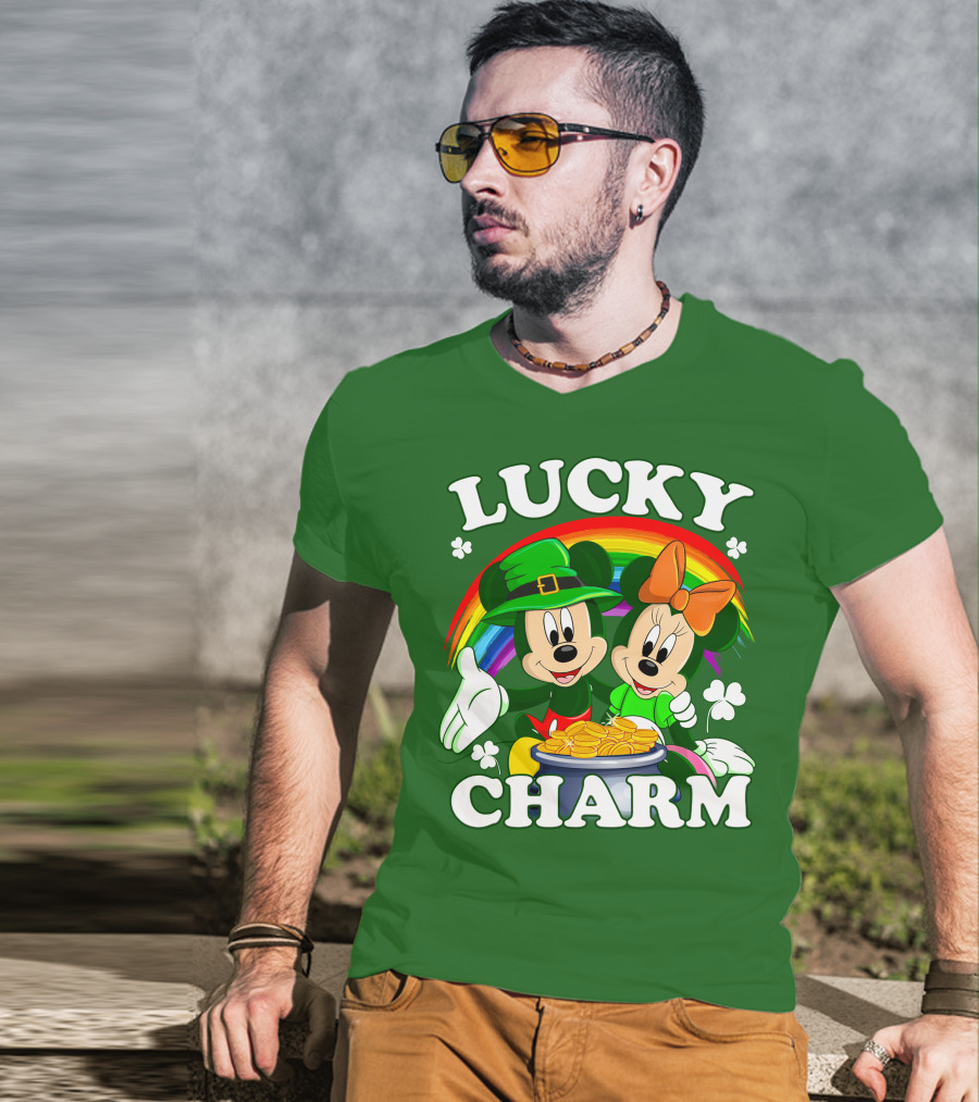 Lucky Charm Mickey And Minnie Rainbow Shamrock Coins T-Shirt
