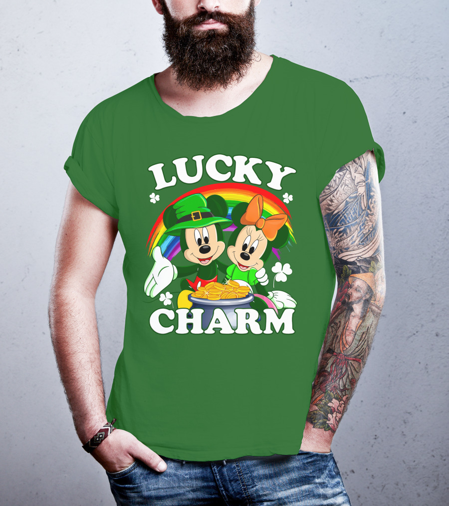 Lucky Charm Mickey And Minnie Rainbow Shamrock Coins T-Shirt