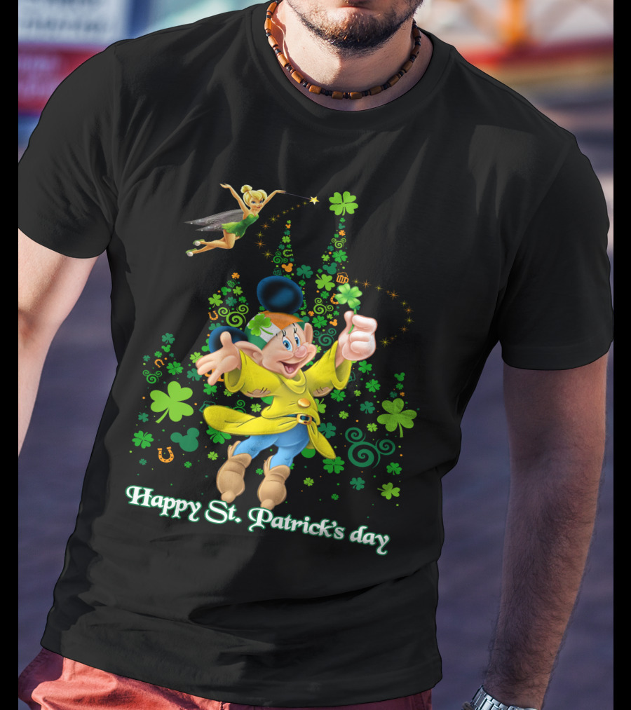 Happy St. Patrick's Day Dopey Disney Character With Tinker Bell And Clovers T-Shirt