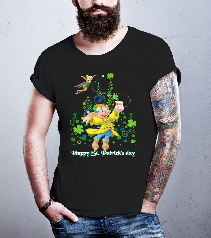 Happy St. Patrick's Day Dopey Disney Character With Tinker Bell And Clovers T-Shirt