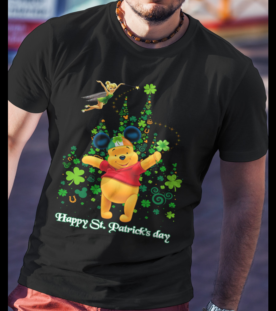 Happy St. Patrick's Day Pooh And Tinker Bell With Mickey Ears And Shamrocks T-Shirt