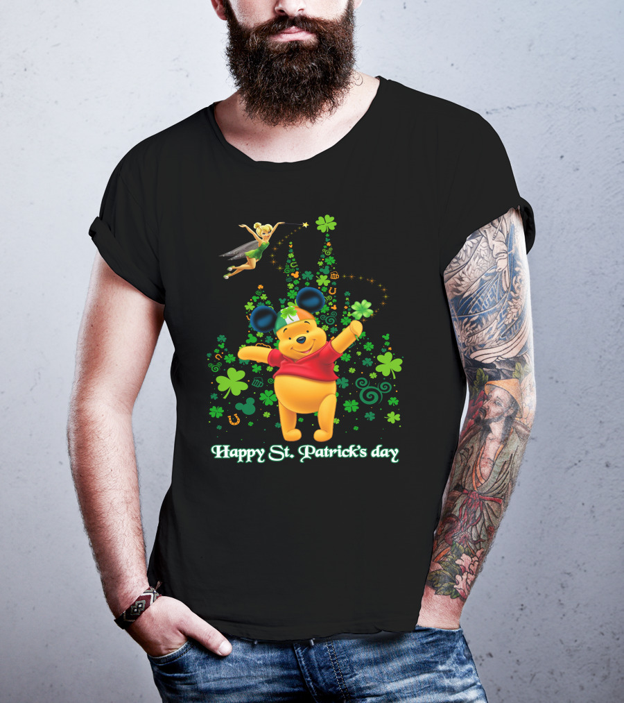 Happy St. Patrick's Day Pooh And Tinker Bell With Mickey Ears And Shamrocks T-Shirt