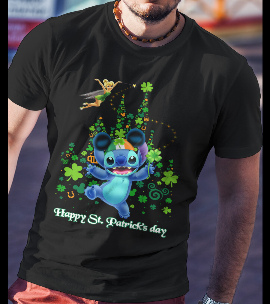 Stitch And Tinkerbell Happy St. Patrick's Day With Shamrocks And Irish Colors T-Shirt