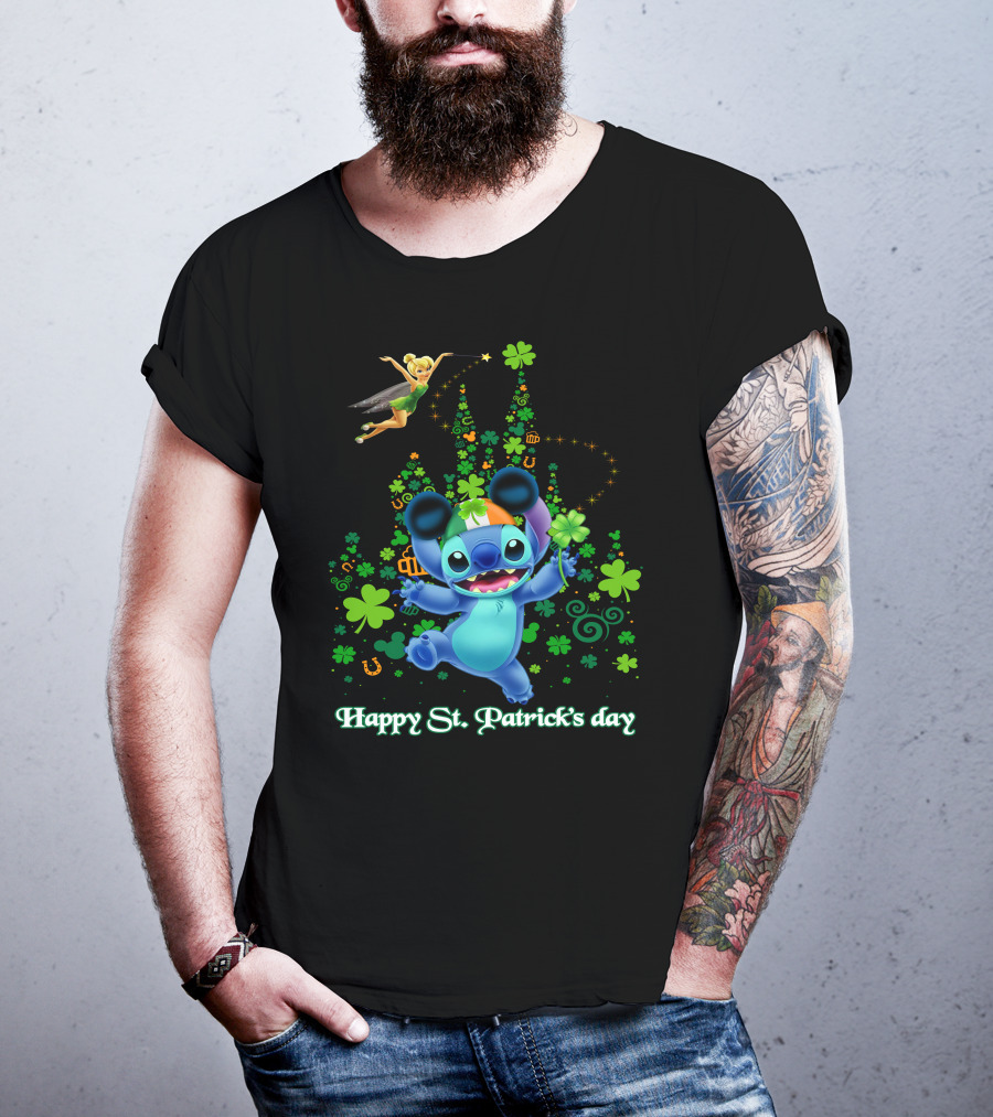 Stitch And Tinkerbell Happy St. Patrick's Day With Shamrocks And Irish Colors T-Shirt