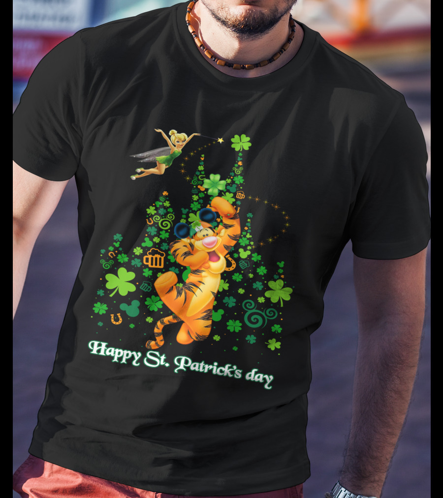 Happy St. Patrick's Day Tigger And Tinkerbell Celebration With Shamrocks And Icons T-Shirt