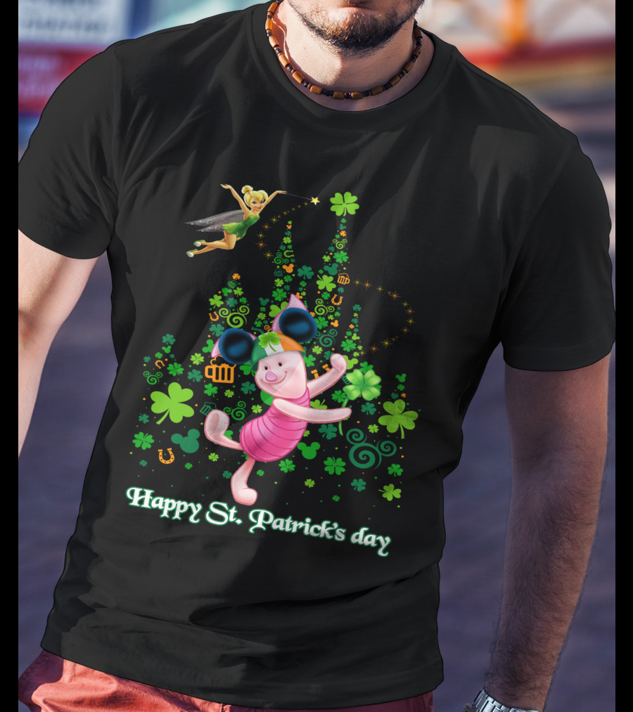 Happy St. Patrick's Day Piglet Tinker Bell Mickey Ears Shamrock Castle T-Shirt