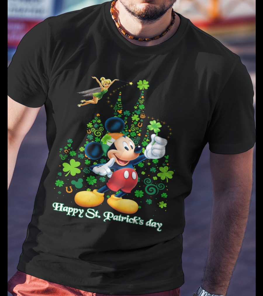Mickey Happy St. Patrick's Day With Tinker Bell And Shamrocks T-Shirt